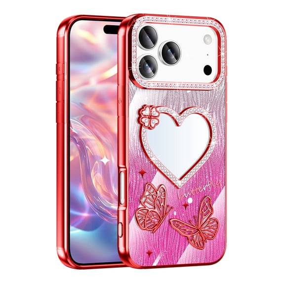 for iPhone 17 Back Case, Luxury Diamond Plating Glitter Butterfly Floral Ultra Slim Shock-Absorbent Flexible Lightweight Non-Slip Heart Makeup Mirror Protective Women Girls Cover, Red