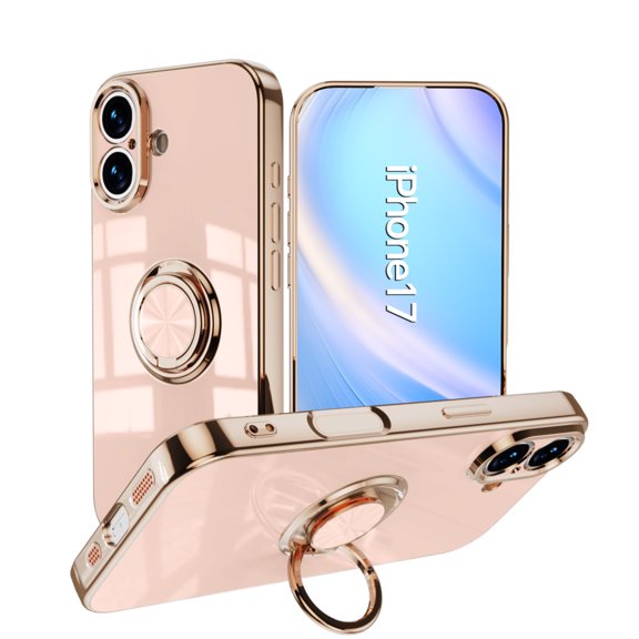 For iPhone 17 Case 2025, Allytechgroup Ring Holder Stand Case Plating Edge 360 Rotation Kickstand Slim Soft Flexible TPU Protective Cover for iPhone 17 6.3", Pink