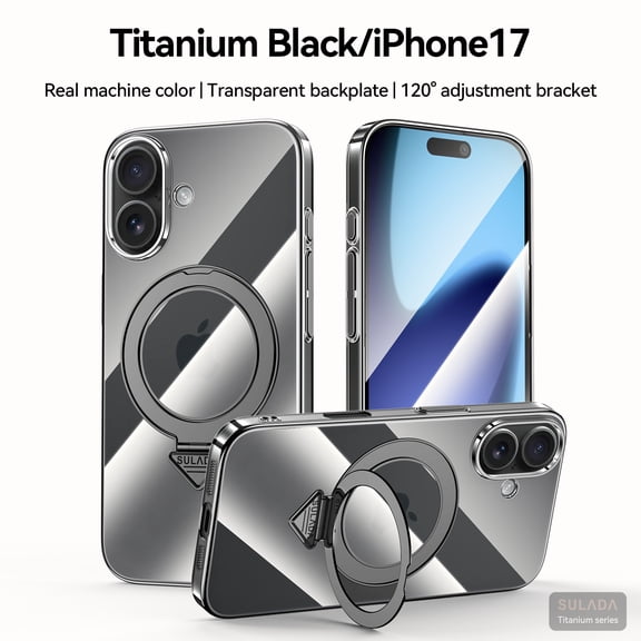 for iPhone 17 Case with Adjustable Magnetic Ring Kickstand, Plating Frame + Clear Back, Shock-Absorbent PC Metal Protective Cover, Wireless Charging Compatible, for iPhone 17, Black