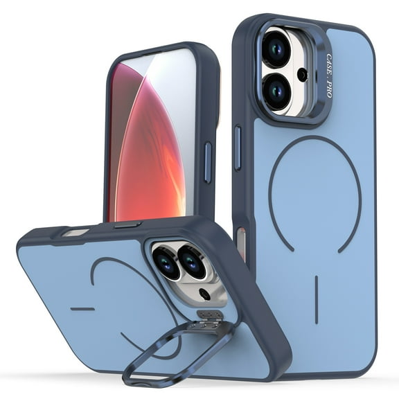 for iPhone 17 Case with Built-in Camera Stash Stand, Compatible with MagSafe, Slim Fit & Lightweight Magnetic Hard Back Soft Edge Anti-Yellow Sturdy Flexible Shockproof Cover, Blue