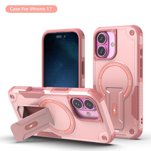 for iPhone 17 Case, Built-in Kickstand, Compatible with Magsafe, Luxury Military-Grade Armor Shockproof Drop Protective Rugged Cover Hybrid Cell Phone Case for iPhone 17 - Pink