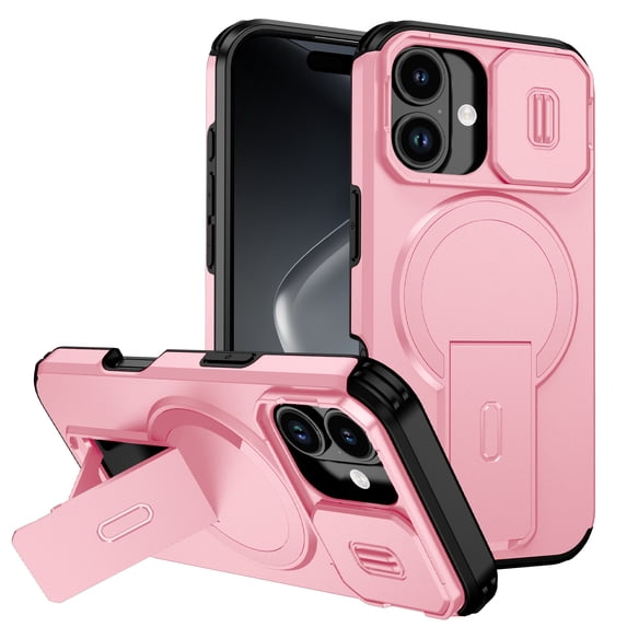 for iPhone 17 Case with Camera Sliding Cover & Adjustable Kickstand, Magnetic Wireless Charging Rugged Shockproof Bumper Cases Heavy-Duty Magnetic Protective Phone Cover, Pink