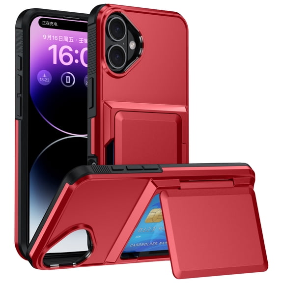 For iPhone 17 Case with Card Holder Heavy Duty Protective Kickstand Dual Layer Shockproof Hidden Card Slot Slim Wallet Military Protection Rugged Case for iPhone 17,Red