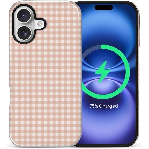 for iPhone 17 Case, Compatible with MagSafe, Dual-Layer Hard Shell, Silicone Cover, Full Body Protection Shockproof Case for iPhone 17-Pink Gingham Retro Checkered