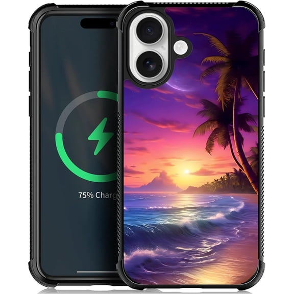 for iPhone 17 Case Compatible with MagSafe Four-Corner Reinforced Shockproof Soft TPU Protective Hard PC Back Cover Girls Case for iPhone 17 6.3inch Beach Palm Leaf Vacation