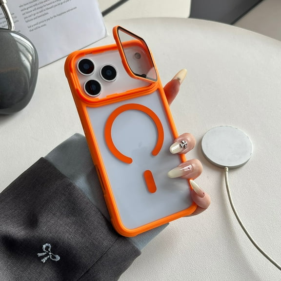 for iPhone 17 Case Compatible with MagSafe, Phone Case with Built-in Camera Stash Stand Shockproof & Scratch-Resistant Back Cover Kickstand for iPhone 17, Orange
