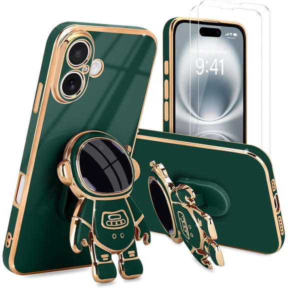 for iPhone 17 Case, Cute 3D Astronaut Stand with [2 Screen Protector] [Camera Protection] Kickstand Shockproof Bling Silicone Soft Phone Back Cover for Apple iPhone 17 Case, Dark Green