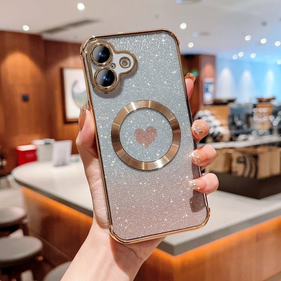 for iPhone 17 Case Glitter, Clear Magnetic Case with Luxury Love Heart Pattern [Compatible with MagSafe] Bling Sparkle Plating Soft TPU Slim Shockproof Protective Cover,Gold