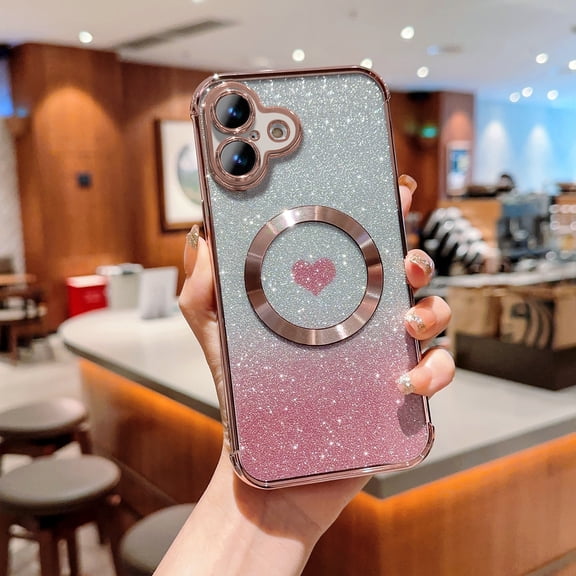 for iPhone 17 Case Glitter, Clear Magnetic Case with Luxury Love Heart Pattern [Compatible with MagSafe] Bling Sparkle Plating Soft TPU Slim Shockproof Protective Cover,Pink