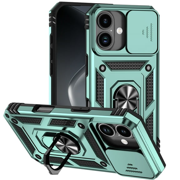 For iPhone 17 Case Heavy Duty Military Grade Protection,Camera Lens Slide Protection & 360°Rotate Magnetic Car Mount Holder Kickstand Rugged Shockproof Drop Hard Shell,Green