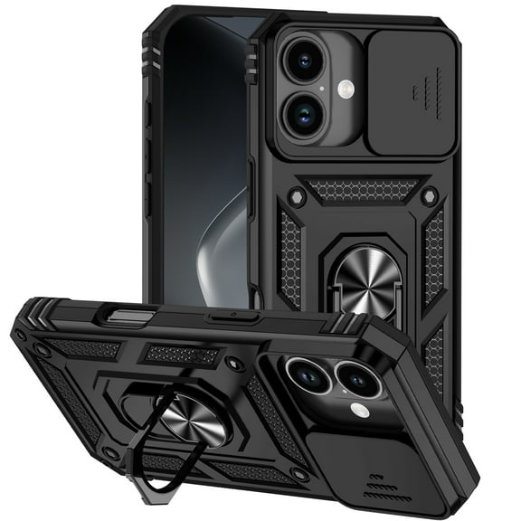 For iPhone 17 Case Heavy Duty Military Grade Protection,Camera Lens Slide Protection & 360°Rotate Magnetic Car Mount Holder Kickstand Rugged Shockproof Drop Hard Shell,Black