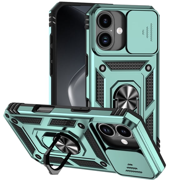 For iPhone 17 Case Heavy Duty Military Grade Protection,Camera Lens Slide Protection & 360°Rotate Magnetic Car Mount Holder Kickstand Rugged Shockproof Drop Hard Shell,Green