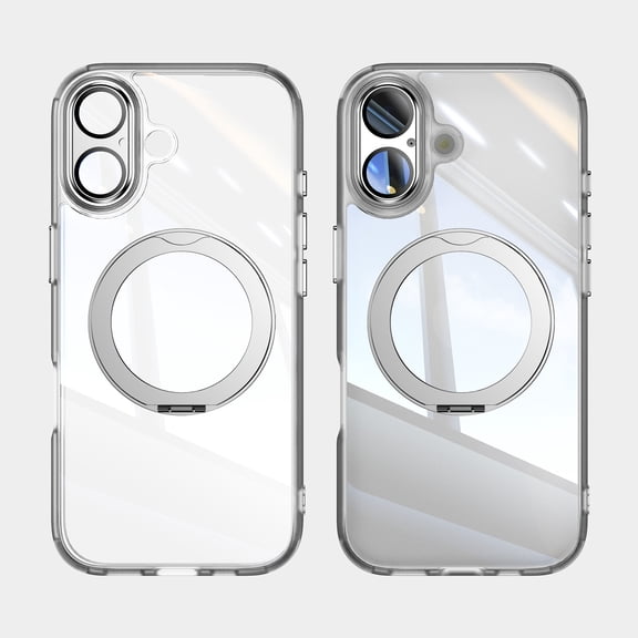 for iPhone 17 Case with Lens Protector, [Foldable Stand & Rotatable Ring Holder], Glossy Shockproof Bumper Dustproof Clear Women Men Case for iPhone 17, White