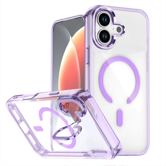 For iPhone 17 Case, Magnetic Clear Case with Lens Kickstand, Full-Body Shockproof Protective Crystal Cover, Compatible with MagSafe, Anti-Yellowing Transparent Phone Cover,Purple