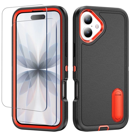 For iPhone 17 Case,Military Grade Dual Layer Cover,With 2X Screen Glass Protector Film,Kickstand Dustproof Drop Proof Protective Phone Case Shell for iPhone 17 6.3"(Black/Orange)