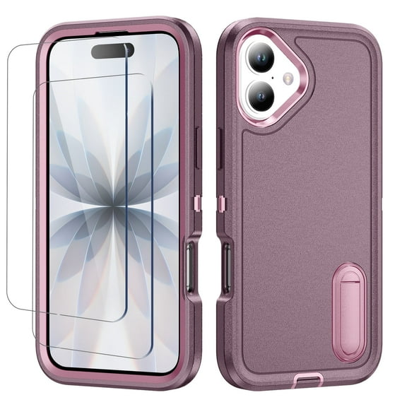 For iPhone 17 Case,Military Grade Dual Layer Cover,With 2X Screen Glass Protector Film,Kickstand Dustproof Drop Proof Protective Phone Case Shell for iPhone 17 6.3"(Purple/Pink)