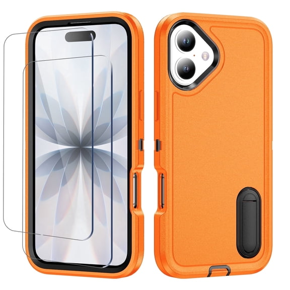 For iPhone 17 Case,Military Grade Dual Layer Cover,With 2X Screen Glass Protector Film,Kickstand Dustproof Drop Proof Protective Phone Case Shell for iPhone 17 6.3"(Orange/Black)