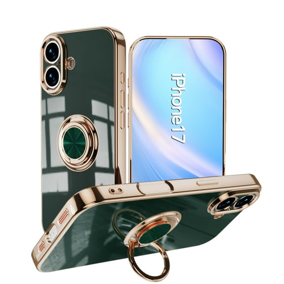 for iPhone 17 Case with Ring Holder, iPhone 17 Cover, Kickstand Magnetic Plating Frame TPU Shockproof Anti-Scratch Slim Girls Women Men Case Cover for iPhone 17, Darkgreen