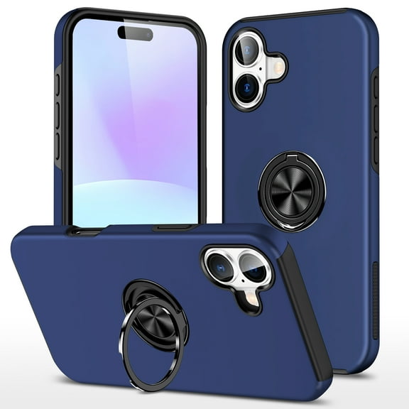 for iPhone 17 Case with Ring Stand, 360° Rotatable Ring Holder Magnetic Kickstand, 2-Layer Heavy Duty Shockproof Rugged Hybrid Hard PC Soft Rubber Case for iPhone 17, Blue