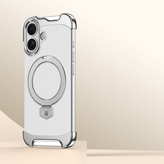 for iPhone 17 Case [Ring Stand] [Compatible with Mag-safe] Plain Luxury PU Leather Frameless Metal Corners Design Shockproof Phone Case for iPhone 17 Men Women, Silver