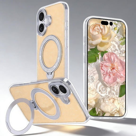 for iPhone 17 Case with Rotatable Ring Stand, Magnetic Compatible with Mag-Safe, Military Grade Drop Protection Shockproof Rugged Glitter Phone Case for iPhone 17, Orange