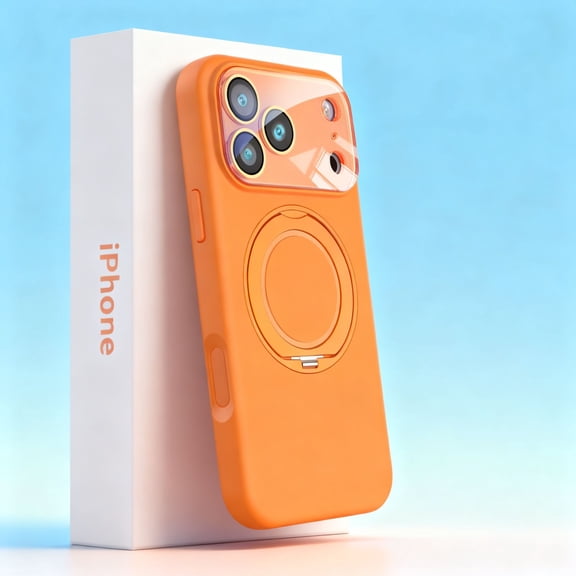 for iPhone 17 Case with Rotated Ring Holder Stand, Support Wireless Charging, Camera Lens Protector, Shockproof Slim Hybrid PC Liquid Silicone Phone Case for iPhone 17, Orange