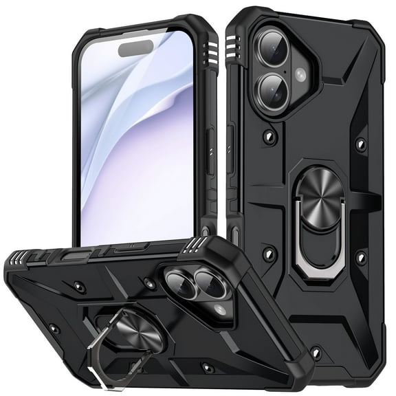 For iPhone 17 Case Rugged, With Grip Ring Holder Rotating Kickstand Easy to Hand Compatile with Car Mount Anti-Scratch Heavy Duty Protective Phone Case for Apple iPhone 17, Black