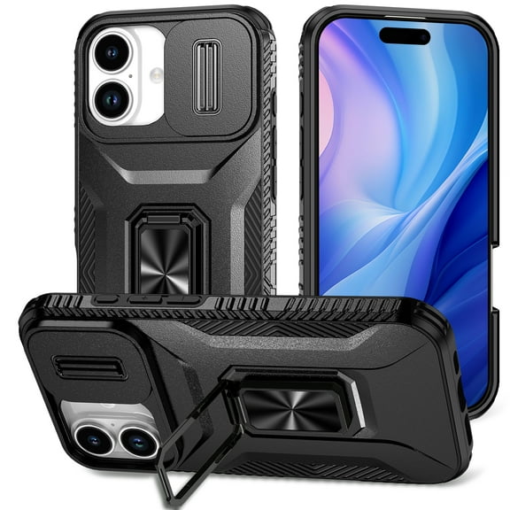 for iPhone 17 Case with Sliding Camera Cover & Kickstand, 360° Rotate Metal Ring Bracket Impact-Resistant Shockproof Drop Protective Hand Grip, Support Magnetic Car Mount Case - Black