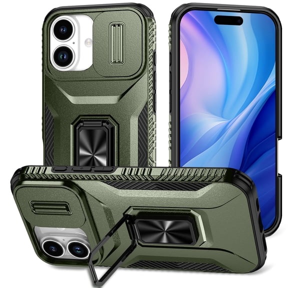 for iPhone 17 Case with Sliding Camera Cover & Kickstand, 360° Rotate Metal Ring Bracket Impact-Resistant Shockproof Drop Protective Hand Grip, Support Magnetic Car Mount Case - Darkgreen