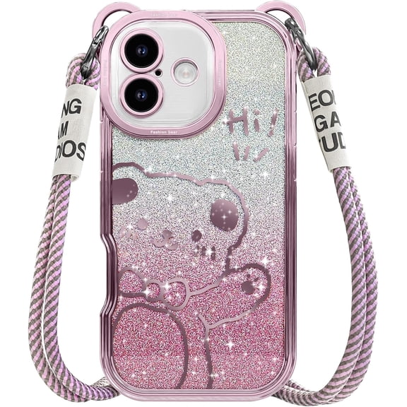 For iPhone 17 Case with Strap, Cute Cartoon Bear Sparkle Bling Pattern with Crossbody Lanyard Glitter for Women Girls, Soft TPU Shockproof Cover for iPhone 17