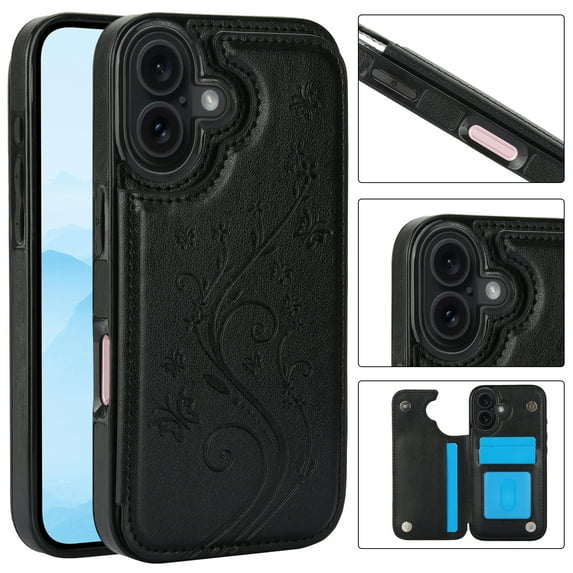 for iPhone 17 Case Wallet with Card Holder, Floral Flower Pattern Back Flip Folio PU Leather Kickstand Card Slots Case for Women Girls, Double Magnetic Clasp Shockproof Cover, Black