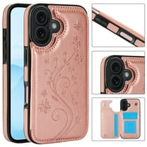 for iPhone 17 Case Wallet with Card Holder, Floral Flower Pattern Back Flip Folio PU Leather Kickstand Card Slots Case for Women Girls, Double Magnetic Clasp Shockproof Cover, Rosegold