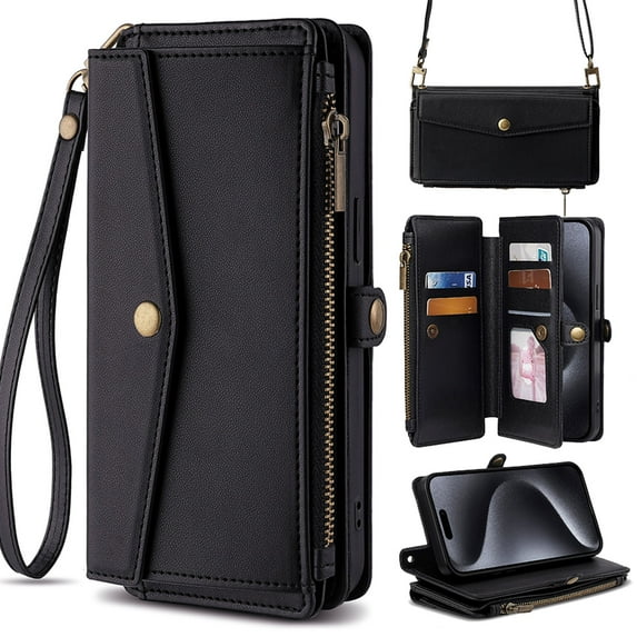 for iPhone 17 Case Wallet with Card Holder Zipper Bills Slot, Soft PU Leather Detachable Shoulder Strap and Wrist Strap Kickstand for iPhone 17 Rugged Cover, Black
