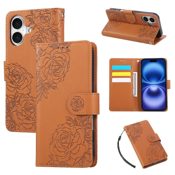 for iPhone 17 Case Wallet with Floral Embossed Design, Premium PU Leather + TPU, Card Slots Kickstand Magnetic Clasp Wrist Strap Shockproof Full Body Cover for iPhone 17, Brown