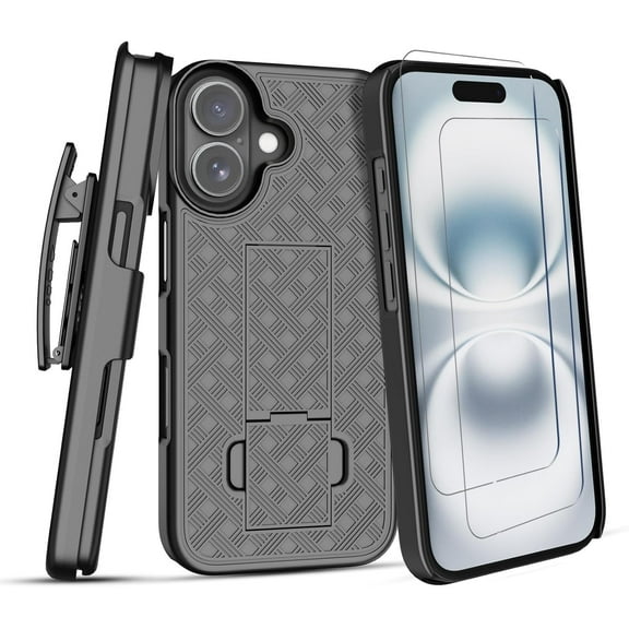 For iPhone 17 Case,With Belt Clip Holster Combo Kickstand Rotating Swivel Rugged Shockproof Cover, 2X Screen Protector,Heavy Duty Shell For iPhone 17 (Black)