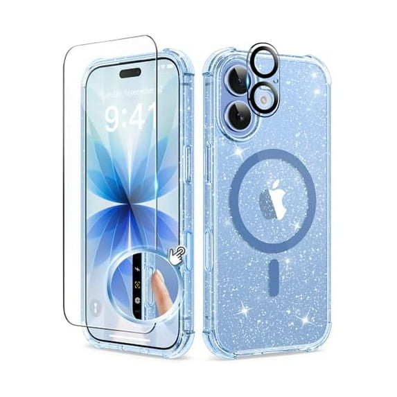 for iPhone 17 Case for Women, Compatible with MagSafe, Clear Glitter Shockproof Protective Case, Anti-Yellowing, with Screen Protector & Camera Lens Protector 6.3", Sparkle Blue