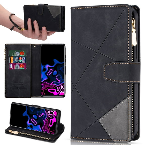 for iPhone 17 Case Zipper Wallet with 9 Card Holder, iPhone 17 Case for Women Men, Strap Wristlet Wristband Magnetic Closure Kickstand Flip Phone Cover for iPhone 17, Black