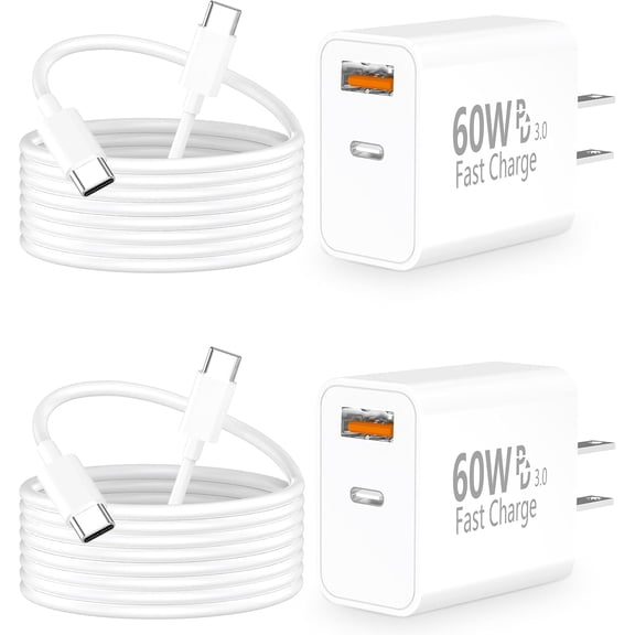 for iPhone 17 Charger Fast Charging, 60W GaN USB-C & USB-A Wall Charger Block with 2 USB C to USB C Cable 6ft, Compatible with iPhone 17/Air/16/15/Pro Max/iPad/Samsung