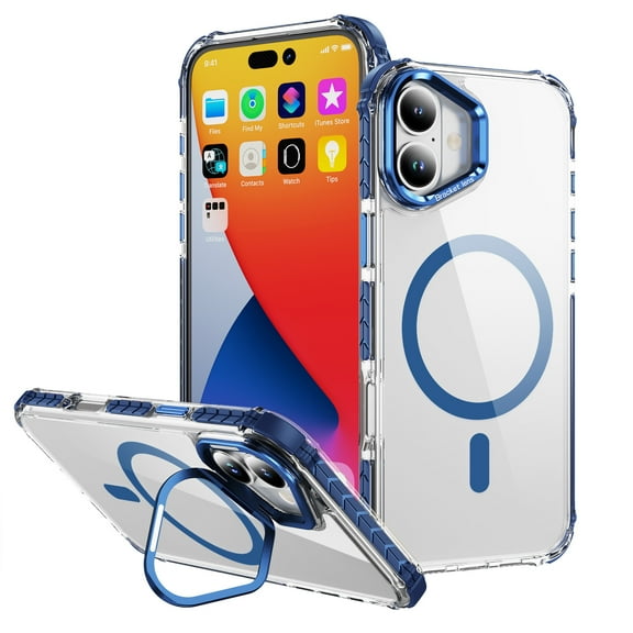 for iPhone 17 Clear Case, Compatible with MagSafe, Built-in Camera Ring Stand, Clear Slim Drop Shockproof Full Body Protective Magnetic Phone Case Cover for iPhone 17, Blue