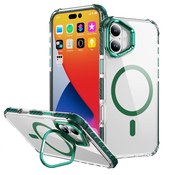 for iPhone 17 Clear Case, Compatible with MagSafe, Built-in Camera Ring Stand, Clear Slim Drop Shockproof Full Body Protective Magnetic Phone Case Cover for iPhone 17, Green