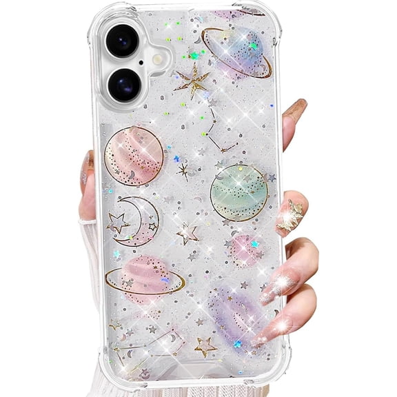 for iPhone 17 Clear Glitter Case,Cute Girly Bling Sparkle Planet Space Stars Moon Universe Pattern Soft TPU Silicone Shockproof Women Girls Slim Protective Phone Case for iPhone 17 6.3",Clear