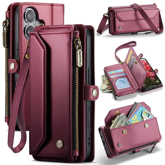 For iPhone 17 Crossbody Wallet Case, with 10 Card Slots, Zipper RFID Blocking Pocket and Magnetic Flip Folio 3-in-1 PU Leather Wristlet Shoulder Strap Case,Hotpink