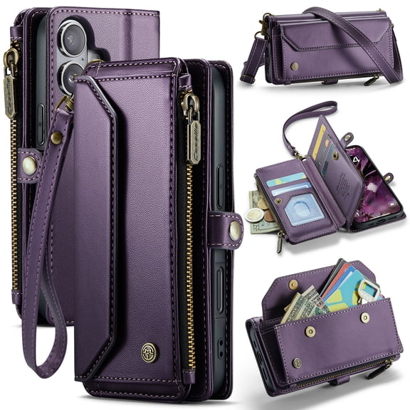 For iPhone 17 Crossbody Wallet Case, with 10 Card Slots, Zipper RFID Blocking Pocket and Magnetic Flip Folio 3-in-1 PU Leather Wristlet Shoulder Strap Case,Purple