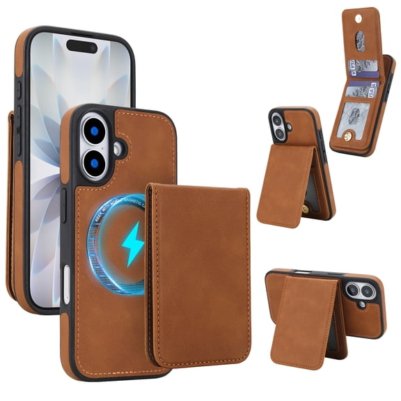 For iPhone 17 Detachable 2 in 1 Case with Card Holder, Magnetic Wallet Compatible with MagSafe Wireless Charging, Premium PU Leather Flip Cover with Multi-Angle Kickstand, Brown