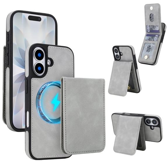 For iPhone 17 Detachable 2 in 1 Case with Card Holder, Magnetic Wallet Compatible with MagSafe Wireless Charging, Premium PU Leather Flip Cover with Multi-Angle Kickstand, Gray