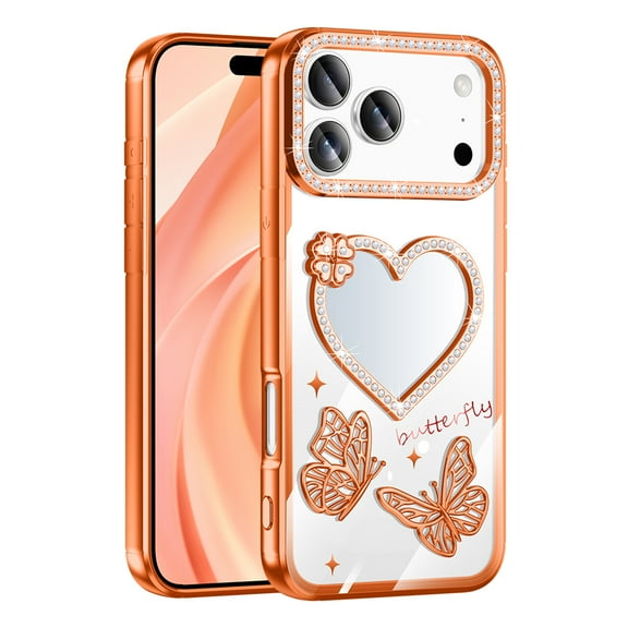 for iPhone 17 Diamond Case, Transparent with Plating Butterfly Floral Design, with Heart Makeup Mirror, Ultra Slim Lightweight Shockproof TPU +PC Non-Slip Anti-Scratch Case Cover - Orange