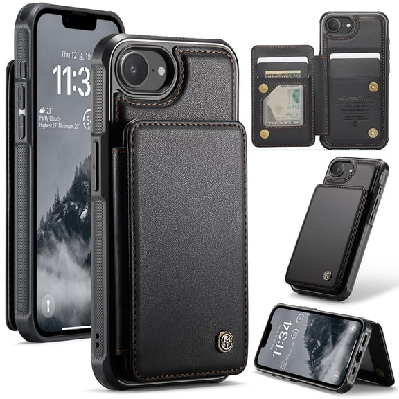 For iPhone 17 E Case with Card Holder, Wallet Flip Cover Case with RFID Blocking, Durable Leather Kickstand Magnetic Clasp Shockproof Phone Case for Women Men,Black