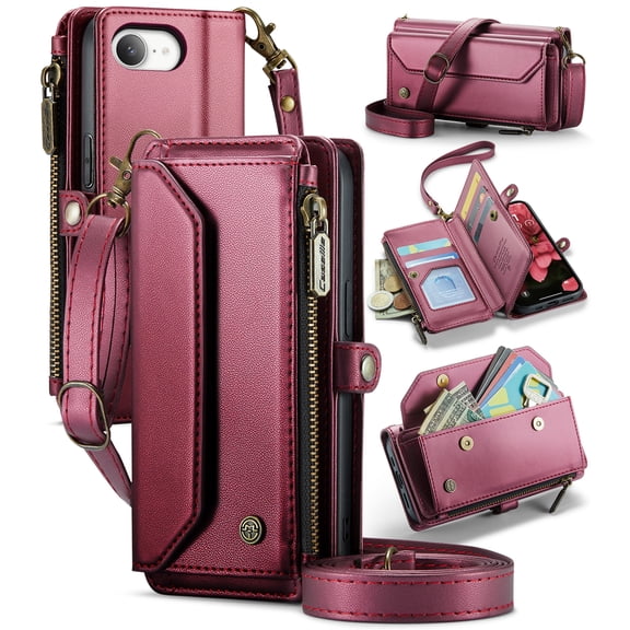 For iPhone 17 E Crossbody Wallet Case, with 10 Card Slots, Zipper RFID Blocking Pocket and Magnetic Flip Folio 3-in-1 PU Leather Wristlet Shoulder Strap Case,Hotpink