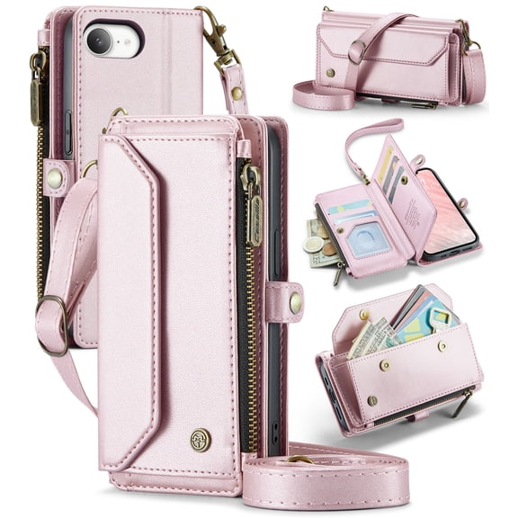 For iPhone 17 E Crossbody Wallet Case, with 10 Card Slots, Zipper RFID Blocking Pocket and Magnetic Flip Folio 3-in-1 PU Leather Wristlet Shoulder Strap Case,Pink