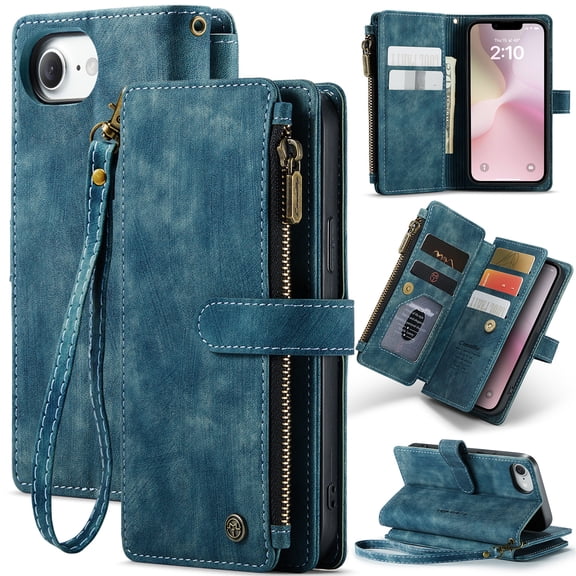 for iPhone 17 E Wallet Case with 10 Card Slots, Zipper Pocket and Magnetic Flip Folio, RFID Blocking Card Holder Stand Leather Detachable Wristlet Strap 3-in-1 Case for Women and Men,Blue